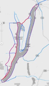 The red line shows our route around the lake with extra rides back and forth on West Lake Road.